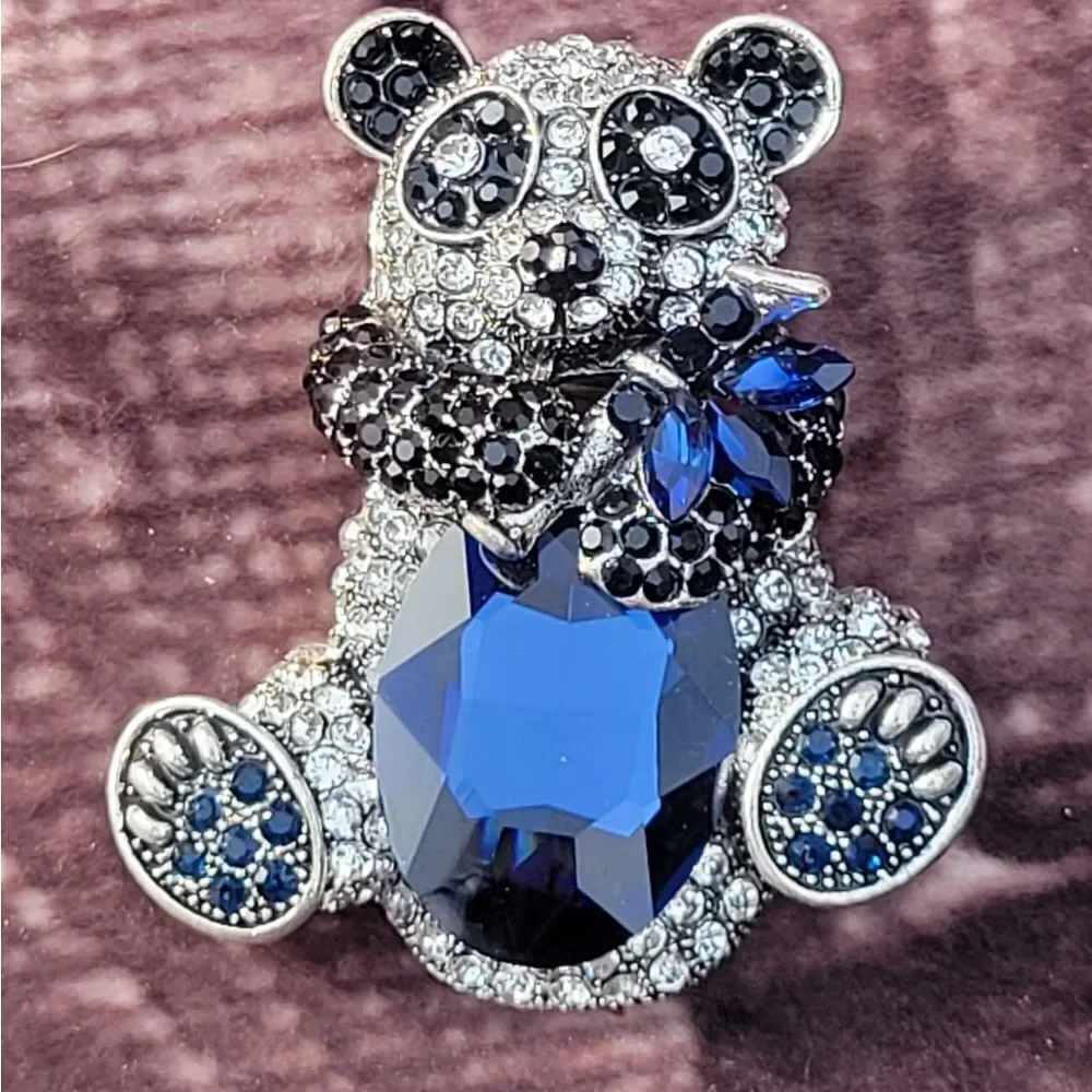 Crystal Blue Glass Panda Brooch